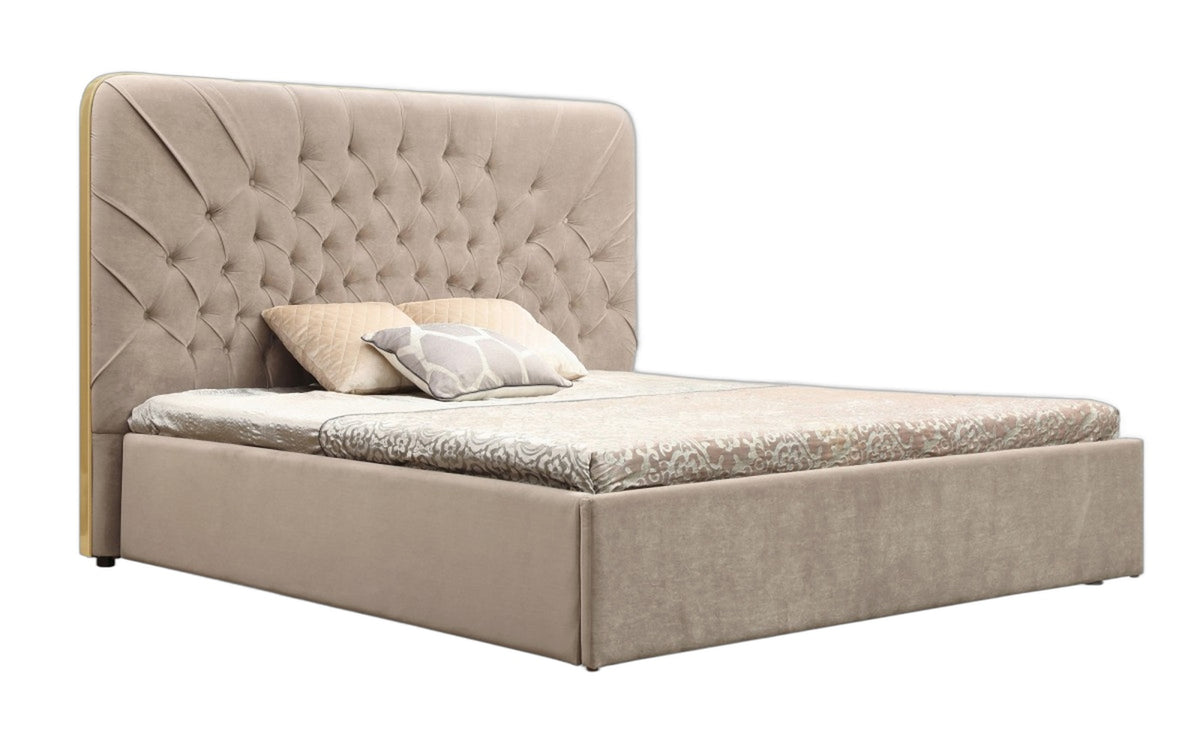 Moontide - Glam Beige Velvet and Brushed Brass Bed
