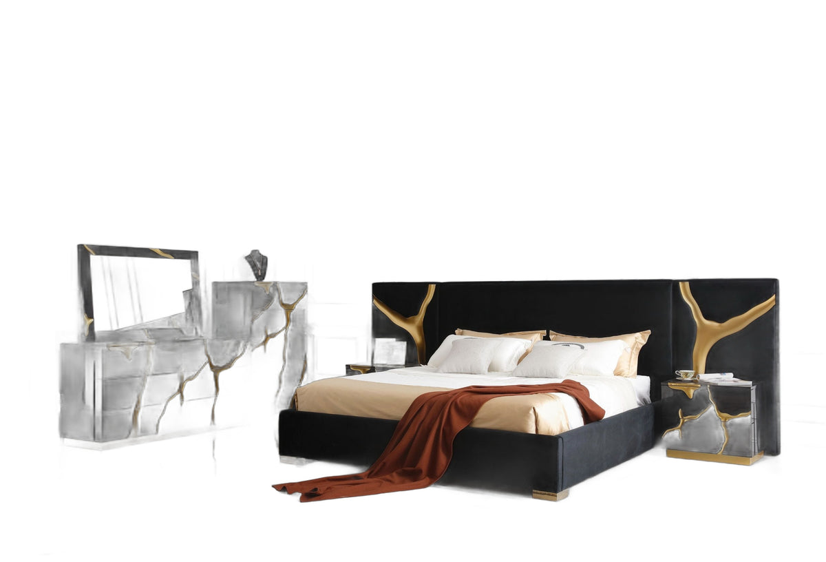 Aspen - Modern Wide Black and Gold Nightstand