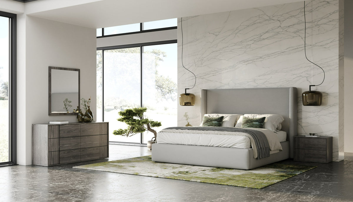 Byrne + Asus - Modern Grey Fabric + Elm Grey Bed & 2 Nightstands
